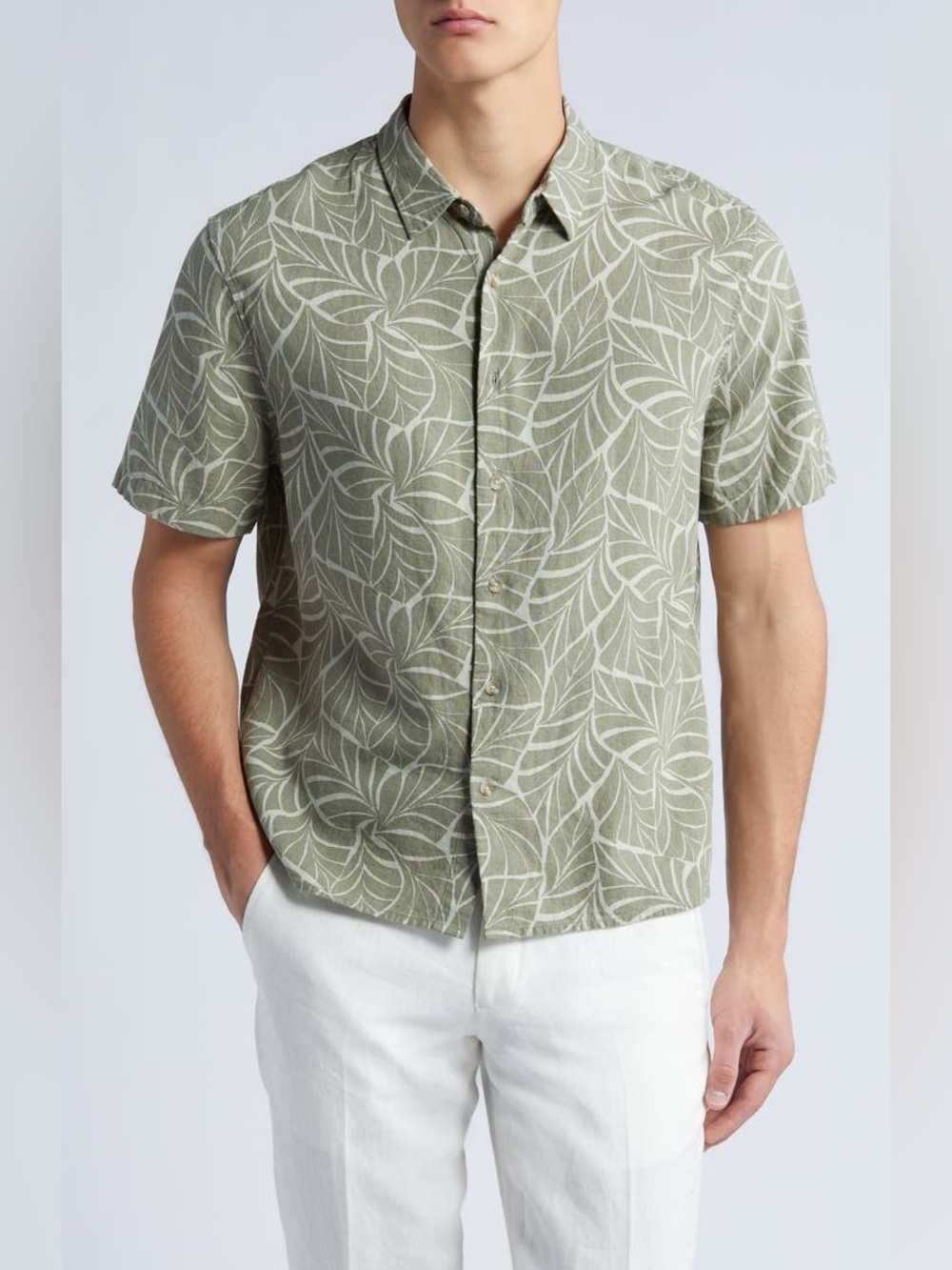 Vince Men’s Knotted Leaves Linen Blend Short Sleeve Button-Up Shirt Medium